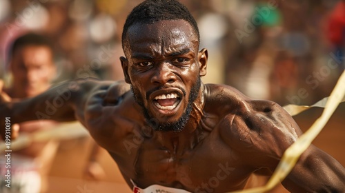 A close-up of an athlete crossing the finish line in a track and field race, muscles tensed and face filled with determination. The blurred background shows other competitors and a cheering crowd in t