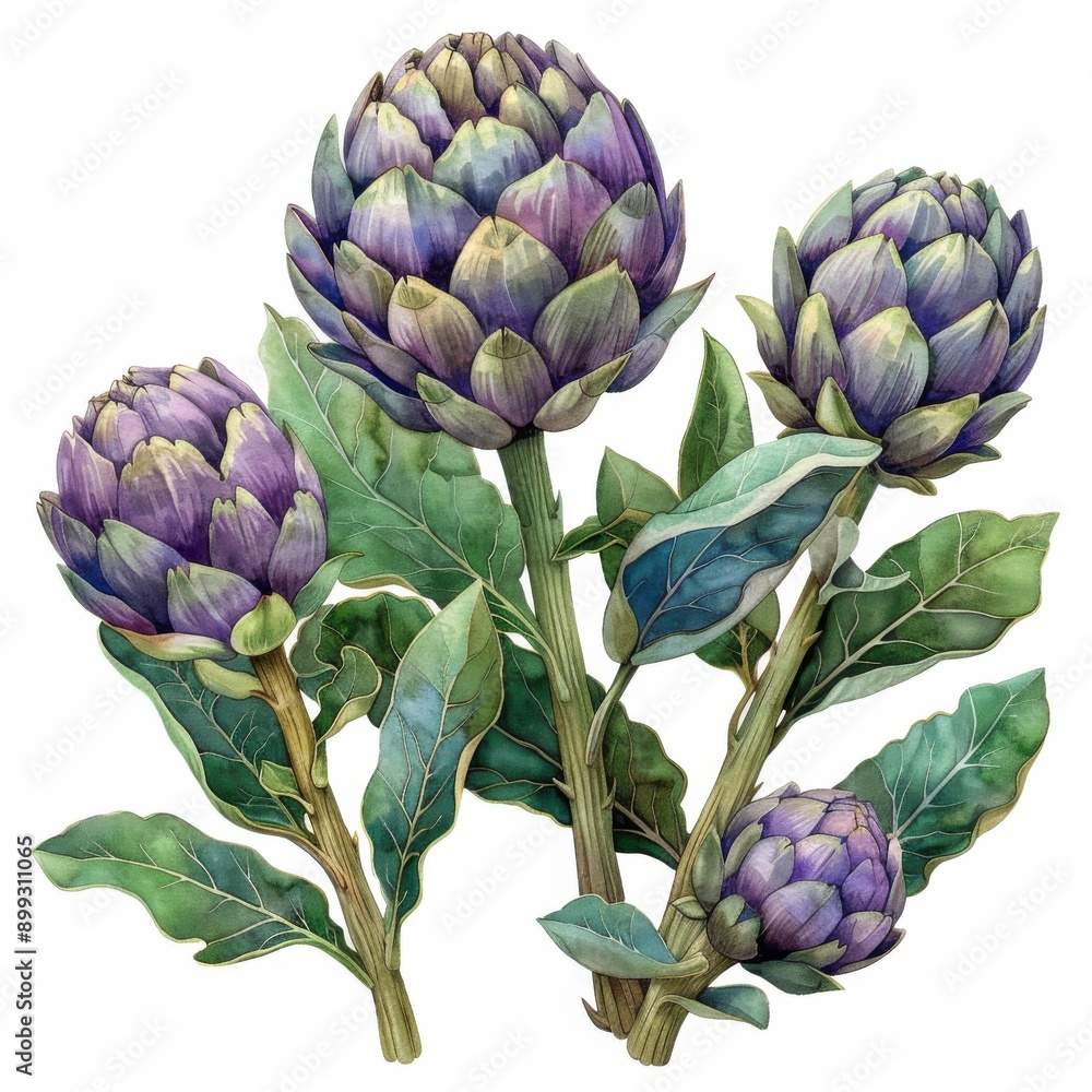 Fototapeta premium Artichokes, intricate patterns, green and purple hues, watercolor style, isolated on white background