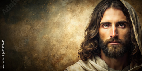 Fototapeta Naklejka Na Ścianę i Meble -  A portrait of Jesus Christ on a textured background, with copy space for text. It represents spirituality and faith, suitable for religious events, worship, and meditation.