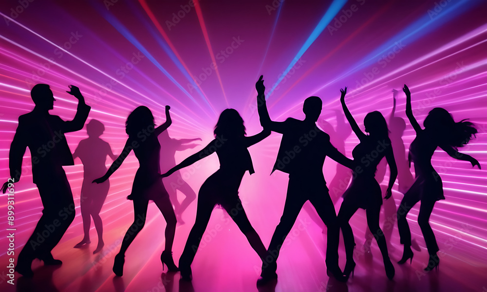 Fototapeta premium group of silhouettes dancing at a disco party, illuminated by neon lights and laser beams