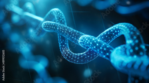 Blockchain technology concept. Futuristic blue background with dots and lines. Abstract outline technology chain. 3D illustration