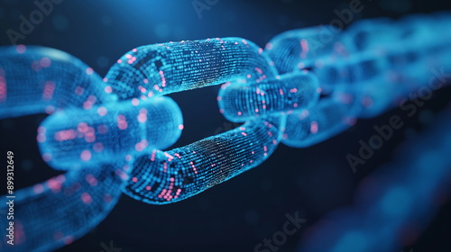 Blockchain technology concept. Futuristic blue background with dots and lines. Abstract outline technology chain. 3D illustration