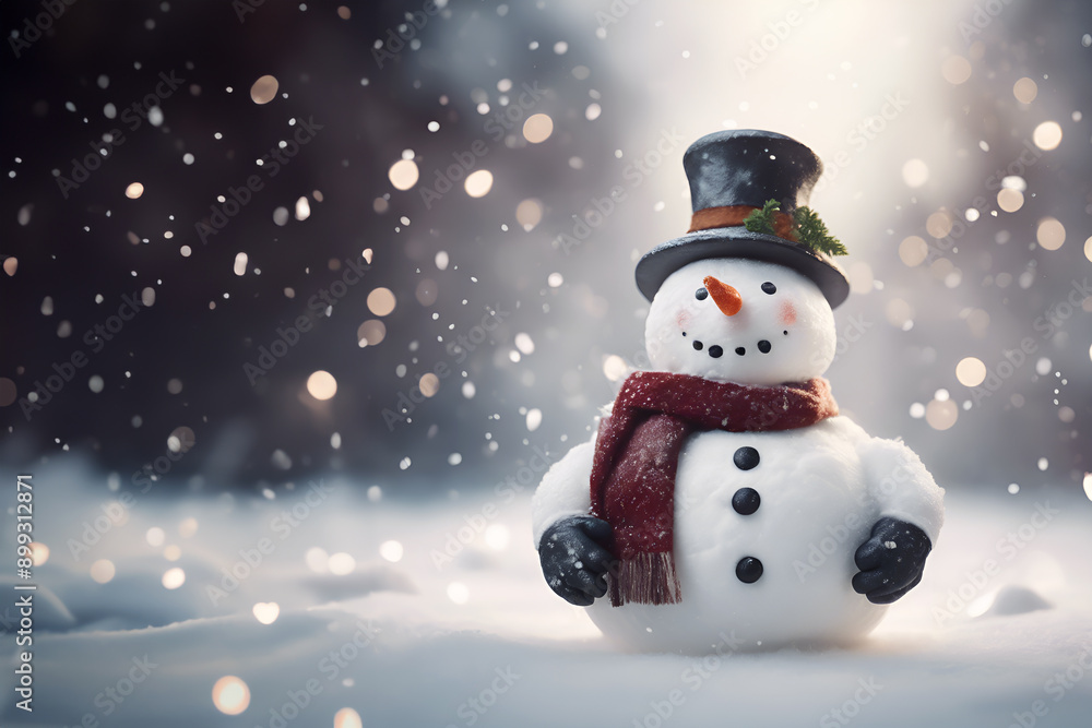 Fototapeta premium A joyful snowman in a snowy landscape with festive decorations, creating a merry holiday atmosphere