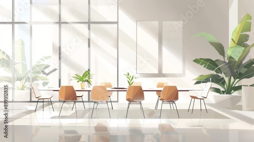 Modern Minimalist Dining Room with Sunlight Streaming Through Large Windows