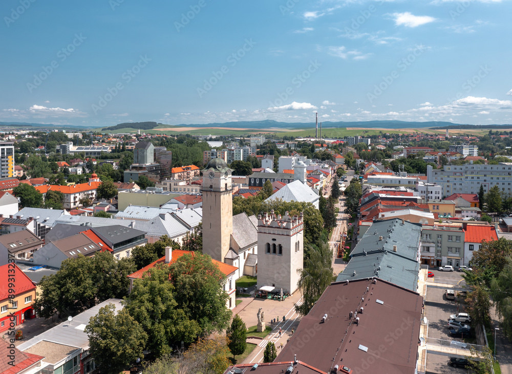 Summer skyline cityscape of Poprad (Spiš, northern Slovakia, near High Tatra Mountains) famous for its historic centre and as a holiday resort. Aerial panoramic view of Námestie svätého Egídia sqaure.