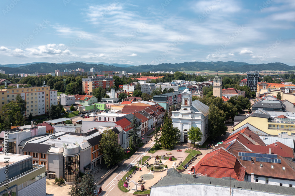 Summer skyline cityscape of Poprad (Spiš, northern Slovakia, near High Tatra Mountains) famous for its historic centre and as a holiday resort. Aerial panoramic view of Námestie svätého Egídia sqaure.
