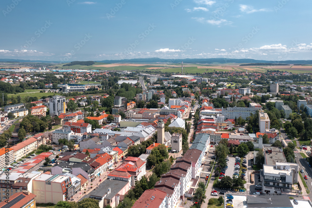 Summer skyline cityscape of Poprad (Spiš, northern Slovakia, near High Tatra Mountains) famous for its historic centre and as a holiday resort. Aerial panoramic view of Námestie svätého Egídia sqaure.