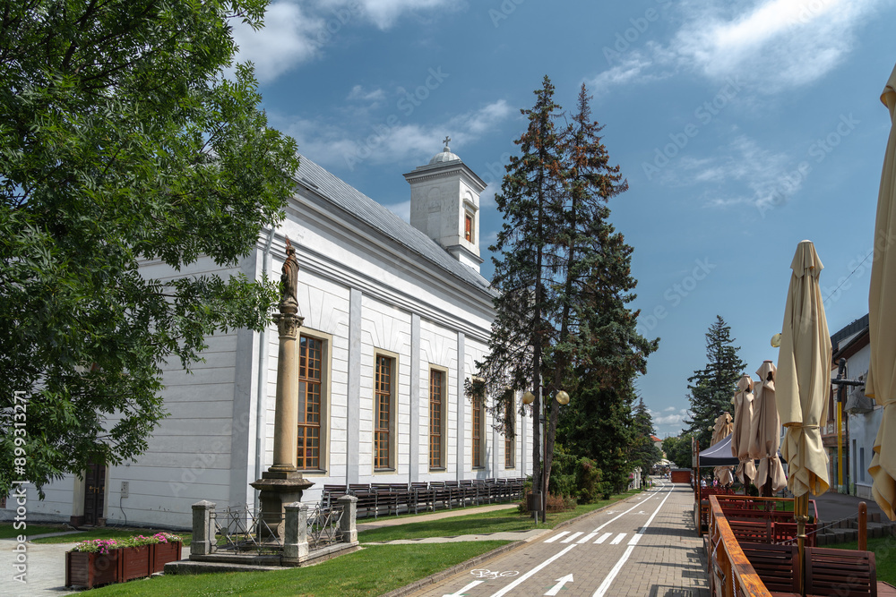 Summer cityscape of Námestie svätého Egídia sqaure in Poprad (Spiš, northern Slovakia, near High Tatra Mountains) famous for its historic centre and as a holiday resort.