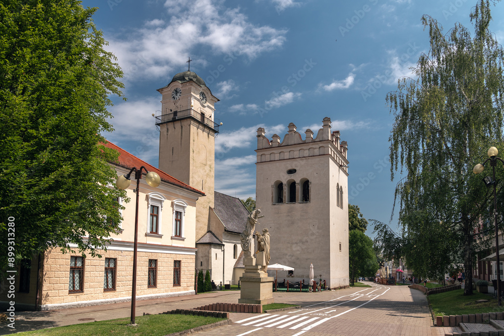 Summer cityscape of Námestie svätého Egídia sqaure in Poprad (Spiš, northern Slovakia, near High Tatra Mountains) famous for its historic centre and as a holiday resort.