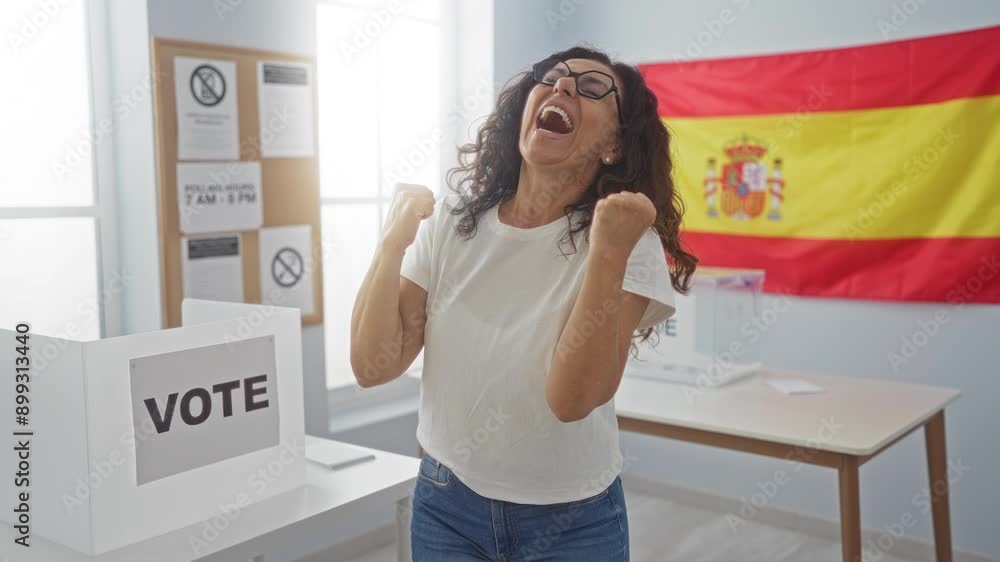 Winner! middle age hispanic woman standing by vote ballot at spanish electoral college, happy and excited for success, screaming in joy and victory gesture Winner! middle age hispanic woman standing by vote ballot at spanish electoral college, happy and excited for success, screaming in joy and victory gesture