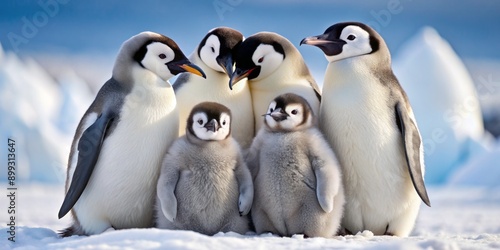 Adorable penguin family snuggles up for warmth, showcasing their black and white feathers, beaks, and endearing expressions amidst a snowy, icy Antarctic landscape.
