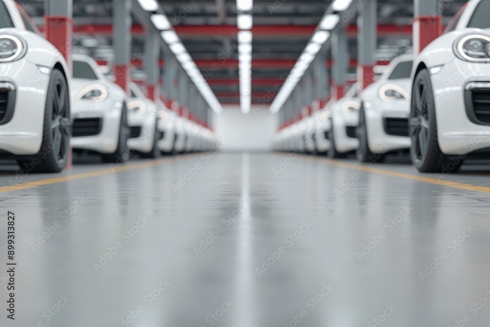 Obraz premium A sleek row of white cars parked in a modern showroom, showcasing automotive design and elegance in a spacious environment.