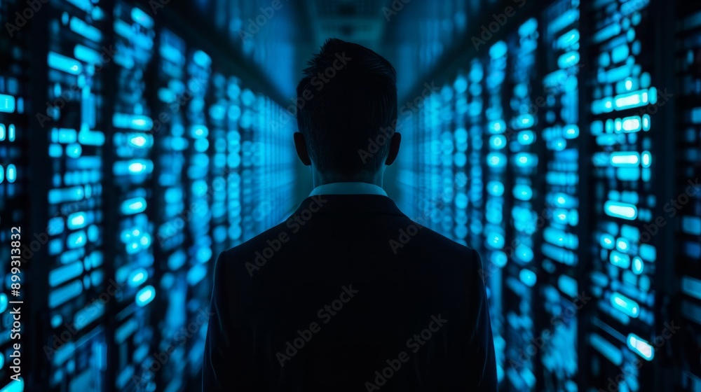 A professional man stands before illuminated server racks, embodying the essence of technology and digital advancement. A professional man stands before illuminated server racks, embodying the essence of technology and digital advancement.