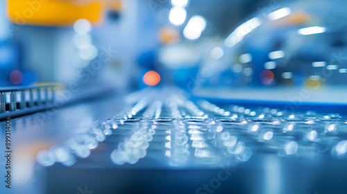 Blurred background of conveyor belt in industrial factory photo