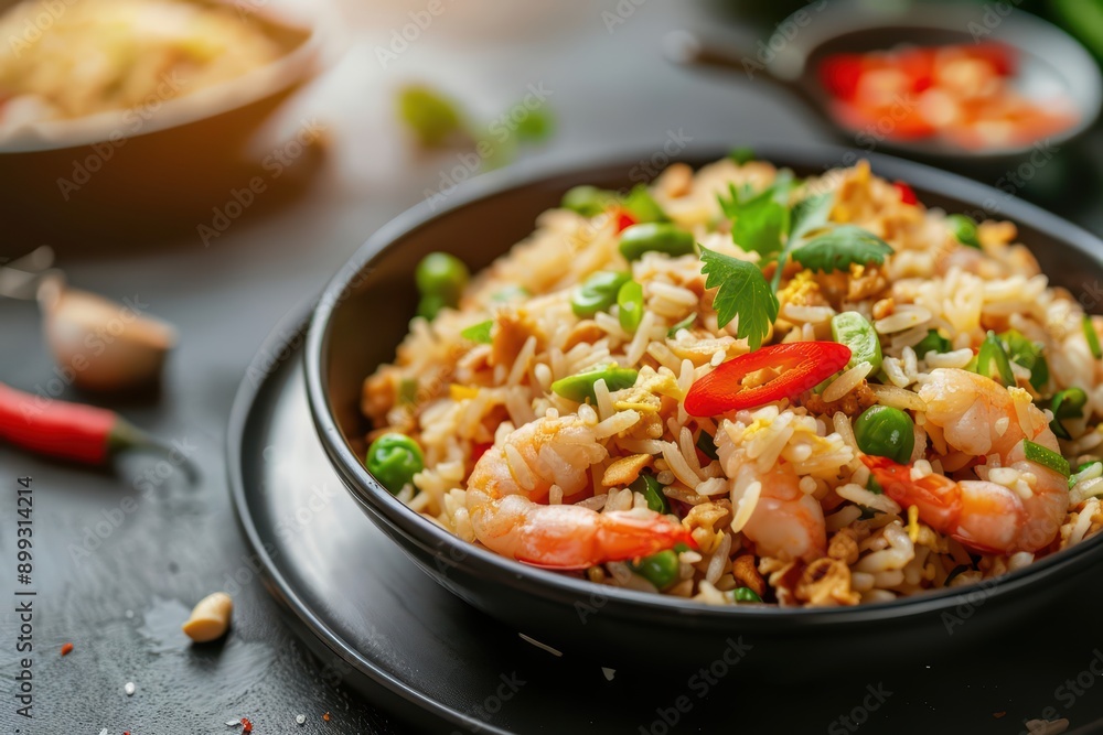 Thai Fried Rice Style Colorful and Tantalizing Visual Effect Concept with an array of vibrant ingredients and sunlight filtering through Thai Fried Rice Style Colorful and Tantalizing Visual Effect Concept with an array of vibrant ingredients and sunlight filtering through