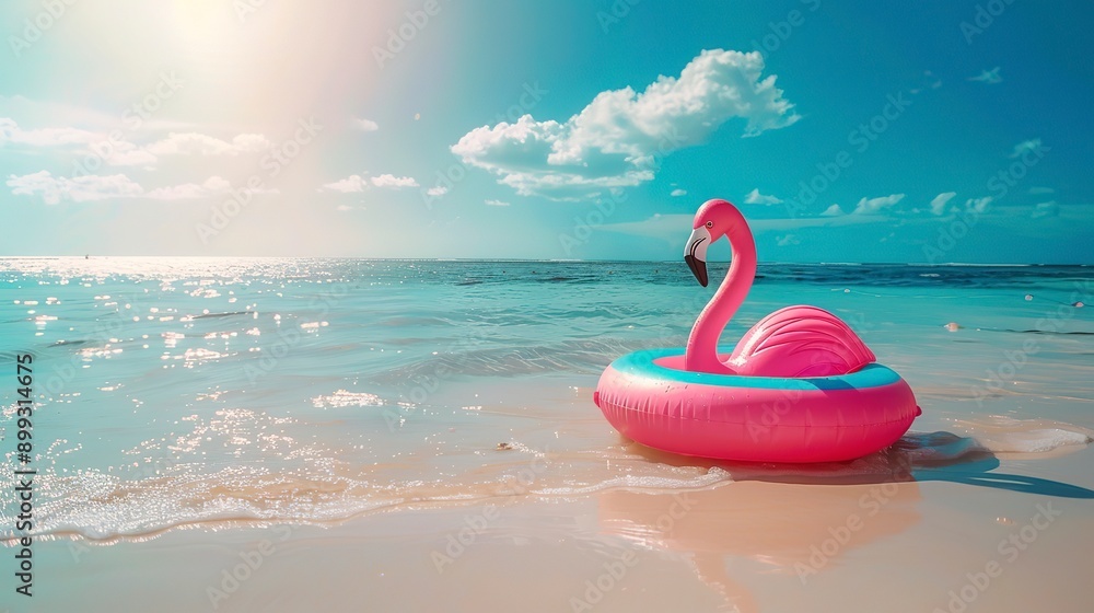 pink flamingo lifebuoy floats on beach on summer time vacation pink flamingo lifebuoy floats on beach on summer time vacation