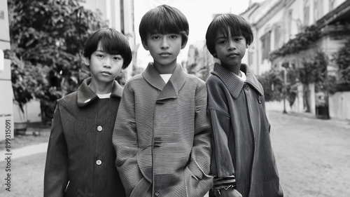 懐かしい少年時代の3兄弟のレトロ写真