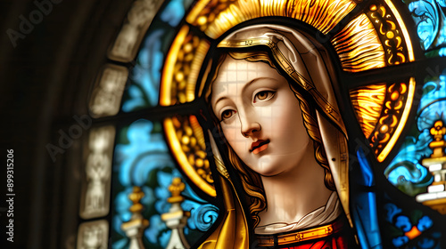 The Virgin Mary on stained glass window in a church