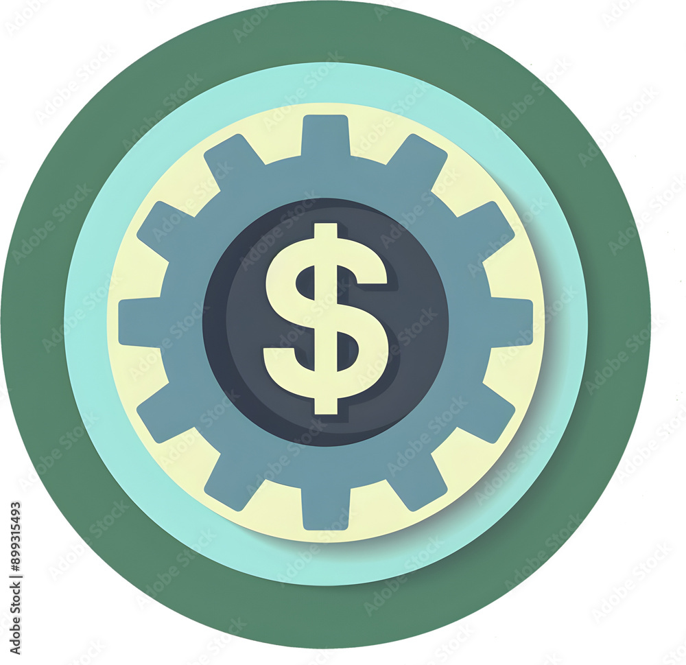 Flat Sticker Icon of Business with Modern and Flat Design Featuring a Blue Gear with Dollar Sign Flat Sticker Icon of Business with Modern and Flat Design Featuring a Blue Gear with Dollar Sign