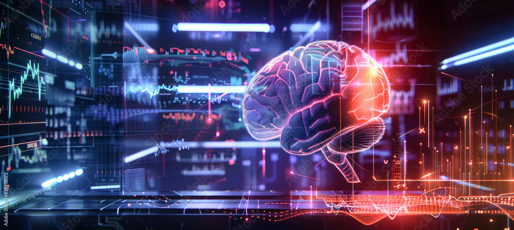 A digital brain model hovers over a city of glowing data, showcasing the intersection of artificial intelligence and medical research A digital brain model hovers over a city of glowing data, showcasing the intersection of artificial intelligence and medical research