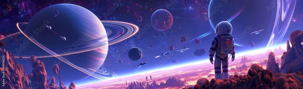 Fototapeta premium Design an image showing a astronaut exploring a large 3D cartoon planet with rings. Other planets and spaceships can be seen in the distance