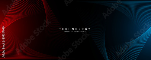 Futuristic abstract background with red and blue light effect. Glowing lines graphic. Modern dark banner template. Future technology concept. Suit for business, corporate, presentation, cover, website