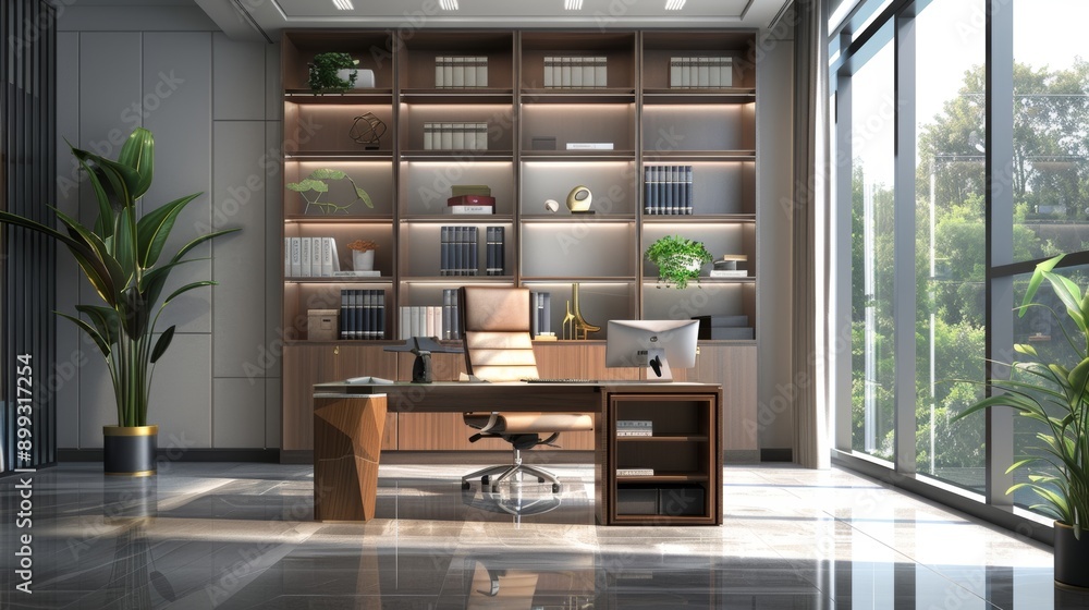 Modern Office Interior Design with Desk, Bookshelf, and Window Modern Office Interior Design with Desk, Bookshelf, and Window