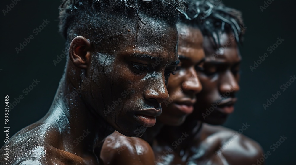 High-resolution image shows a moment of unity between three athletes, shirtless, reflecting their strong bond and mutual motivation High-resolution image shows a moment of unity between three athletes, shirtless, reflecting their strong bond and mutual motivation