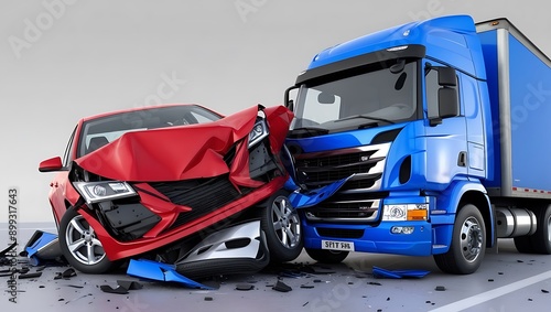 Two cars accident. Crashed cars. A red car against the back of a big truck. Big damage. Isolated on white background. Viewed from a side
