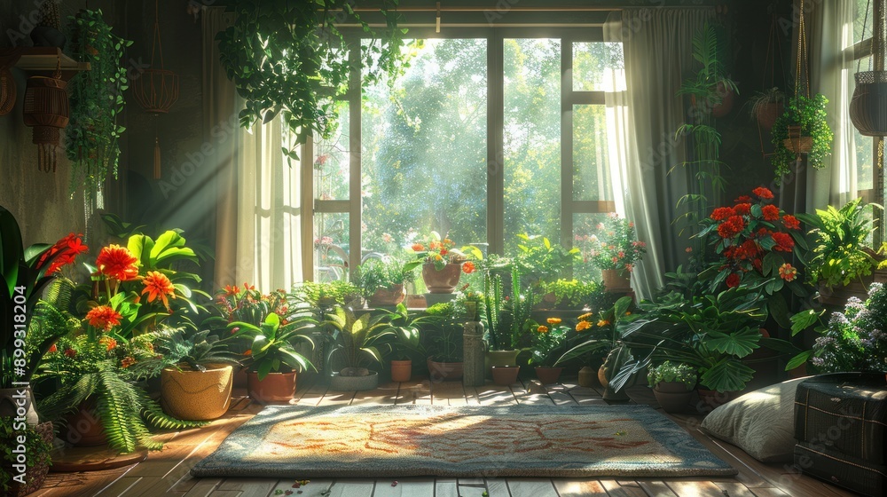 Sunlight Streaming Through a Window into a Room Filled with Plants Sunlight Streaming Through a Window into a Room Filled with Plants