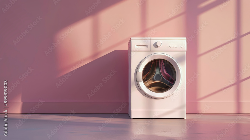 A white washing machine stands alone in a room with a pale pink wall. Sunlight streams in through a window, casting long shadows on the floor A white washing machine stands alone in a room with a pale pink wall. Sunlight streams in through a window, casting long shadows on the floor