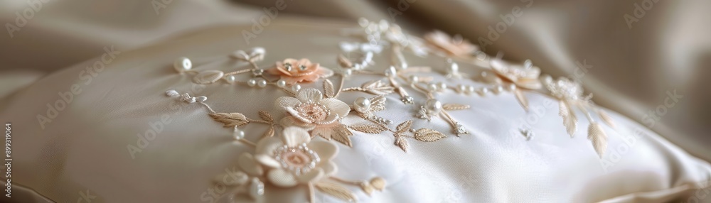 Ring Bearer Pillow with Floral Embellishments A closeup of a satin ring bearer pillow adorned with delicate floral embroidery and pearls Ring Bearer Pillow with Floral Embellishments A closeup of a satin ring bearer pillow adorned with delicate floral embroidery and pearls