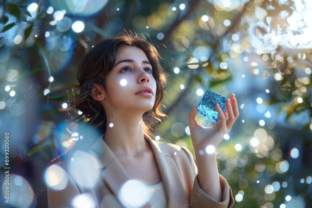 Naklejka premium Businesswoman interacting with flying blue shiny cube in 3D.