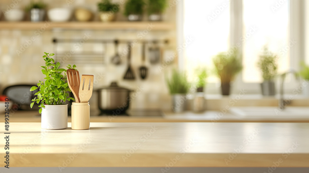 Empty wooden tabletop counter, blurred modern kitchen interior background, clean and bright, banner, ready for product editing Empty wooden tabletop counter, blurred modern kitchen interior background, clean and bright, banner, ready for product editing