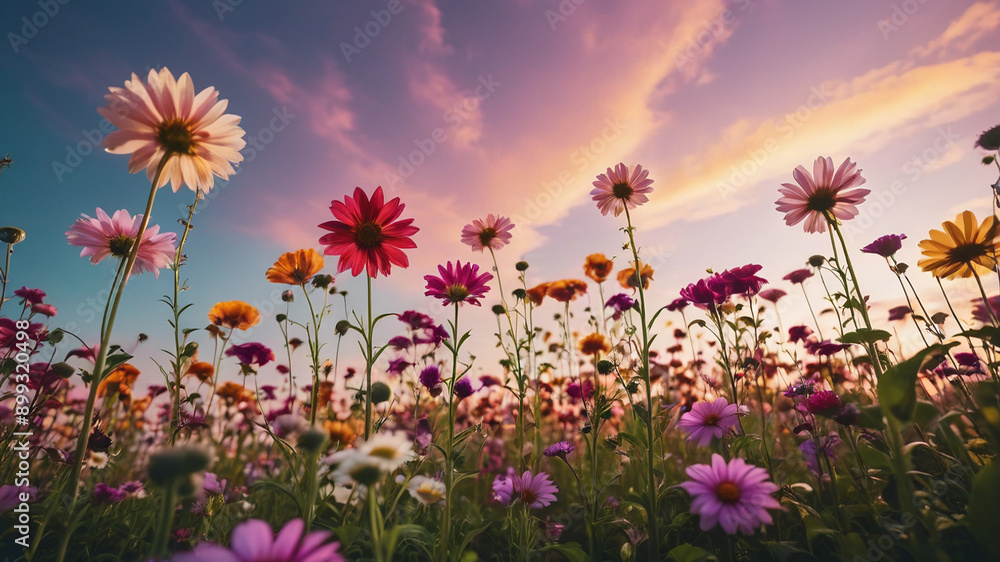 Various flowers grow vertically in a perspective gradient, with a colorful sky as the backdrop. Various flowers grow vertically in a perspective gradient, with a colorful sky as the backdrop.
