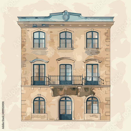 Hand drawn illustration of a classic European style building with a balcony.