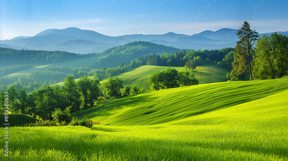 Fototapeta premium Bright green mountain landscape, green Tuscany meadow in warm sunset light