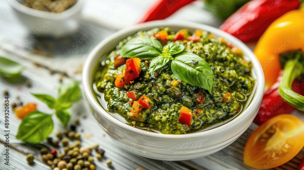 Bowl of pesto sauce on the table. Selective focus. Bowl of pesto sauce on the table. Selective focus.