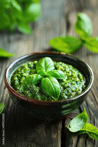 Bowl of pesto sauce on the table. Selective focus.