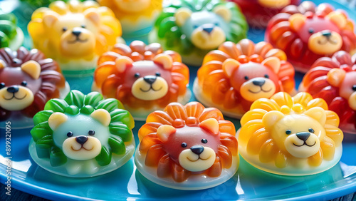 Close up of colorful lion-shaped jelly snacks that look juicy and delicious.