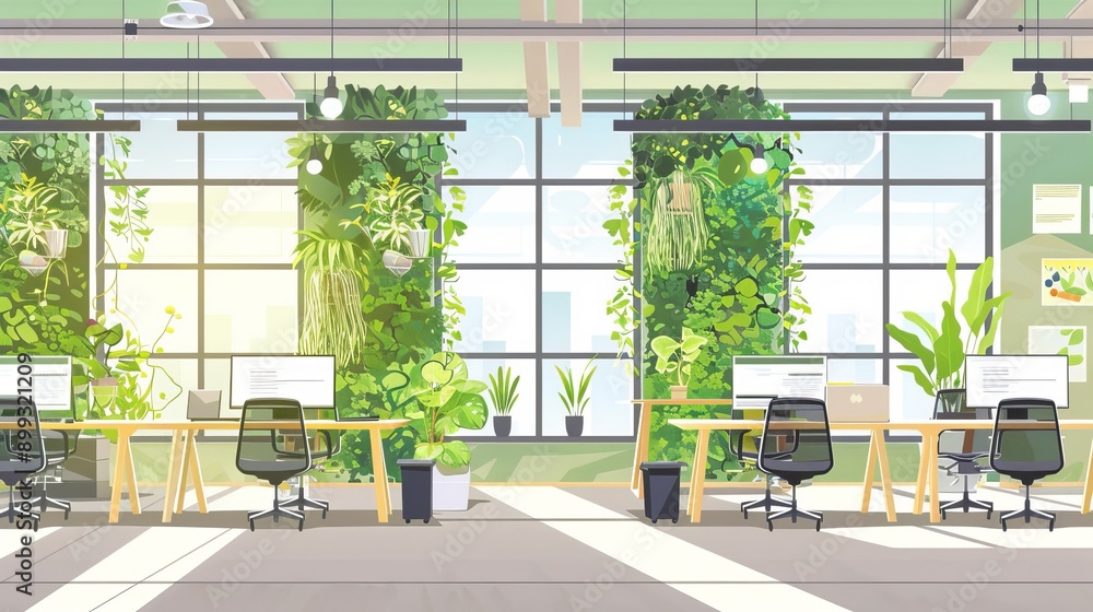 Obraz premium Modern Office Interior with Green Walls and City View