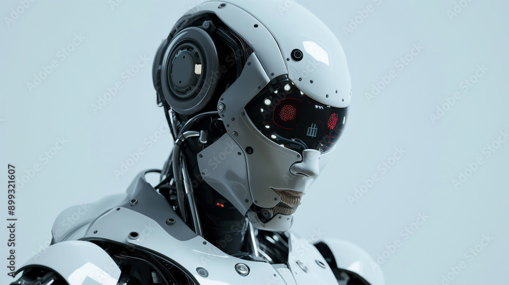 3D rendering of the side of a cool white male robot, a futuristic cyborg. 3D rendering of the side of a cool white male robot, a futuristic cyborg.