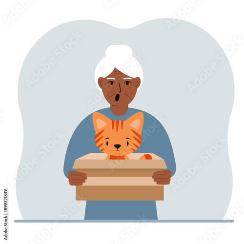 A old woman is holding a cardboard box with a beautiful ginger cat. The concept of rescue, help and care for pets. Vector flat illustration