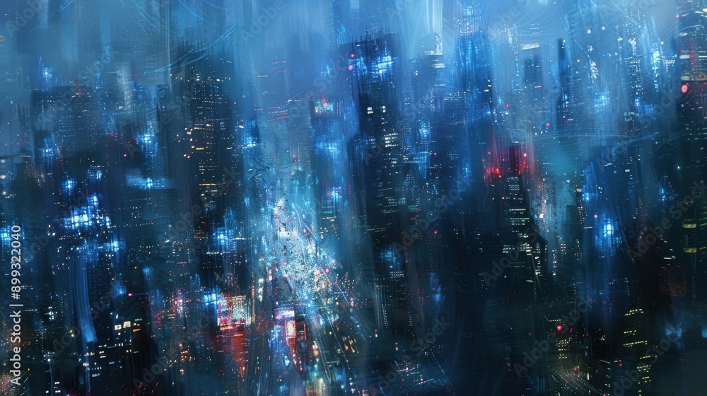 Fototapeta premium Abstract digital artwork of a futuristic cityscape illuminated in blue hues, depicting a vibrant, modern metropolis at night.
