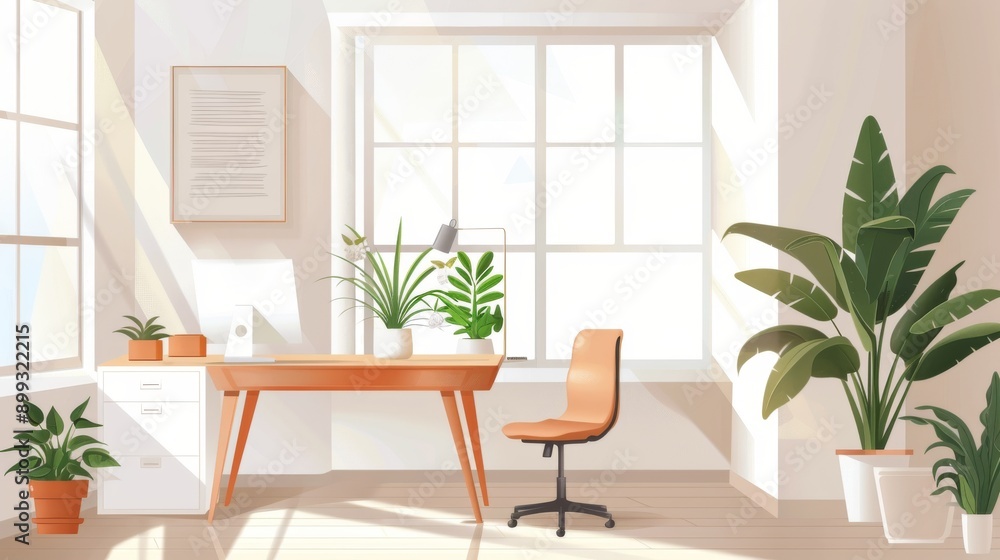 Fototapeta premium Minimalist Home Office Design with Natural Light and Plants