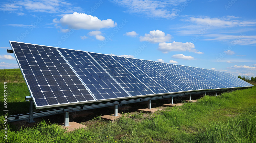 Solar panel system using clean energy under the bright sunlight, blue ...