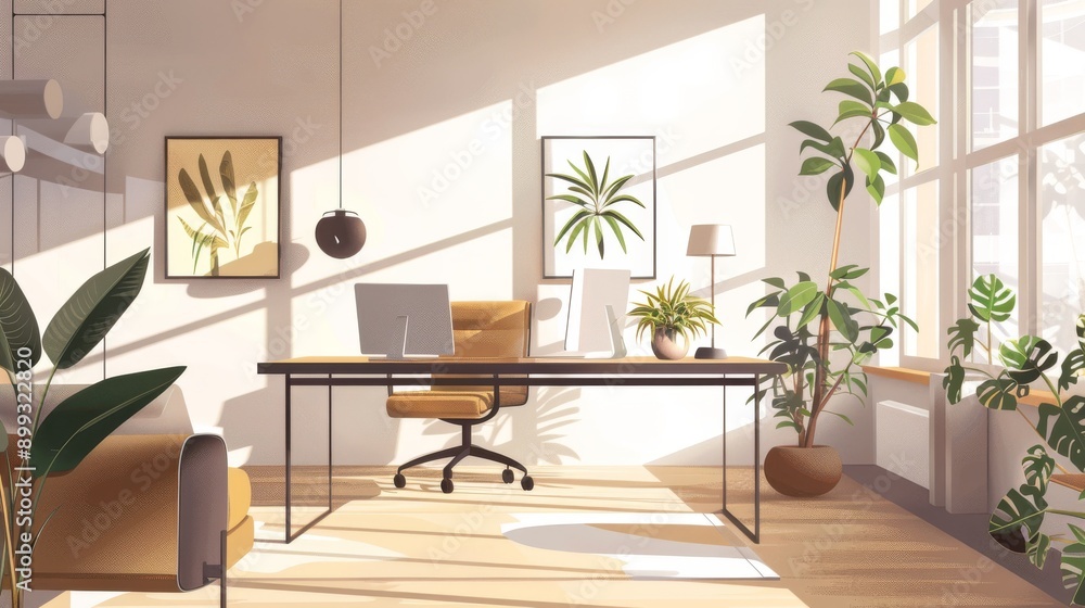 Fototapeta premium Modern Home Office Interior Design with Sunlight and Plants