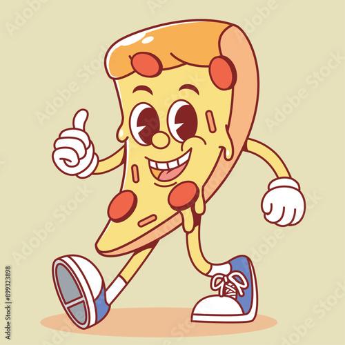 cartoon mascot retro vintage rubber hose pizza fast food. suitable for logo, sticker, t-shirt