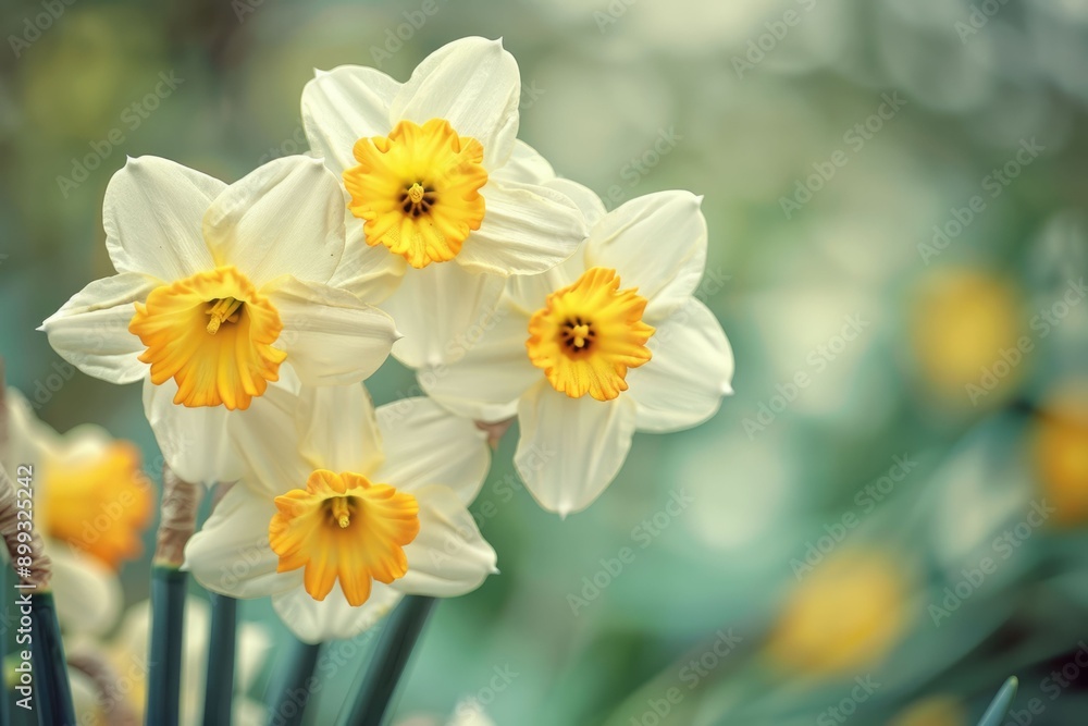 Close up of a daffodil flower on a floral background. Side view. Full frame Close up of a daffodil flower on a floral background. Side view. Full frame