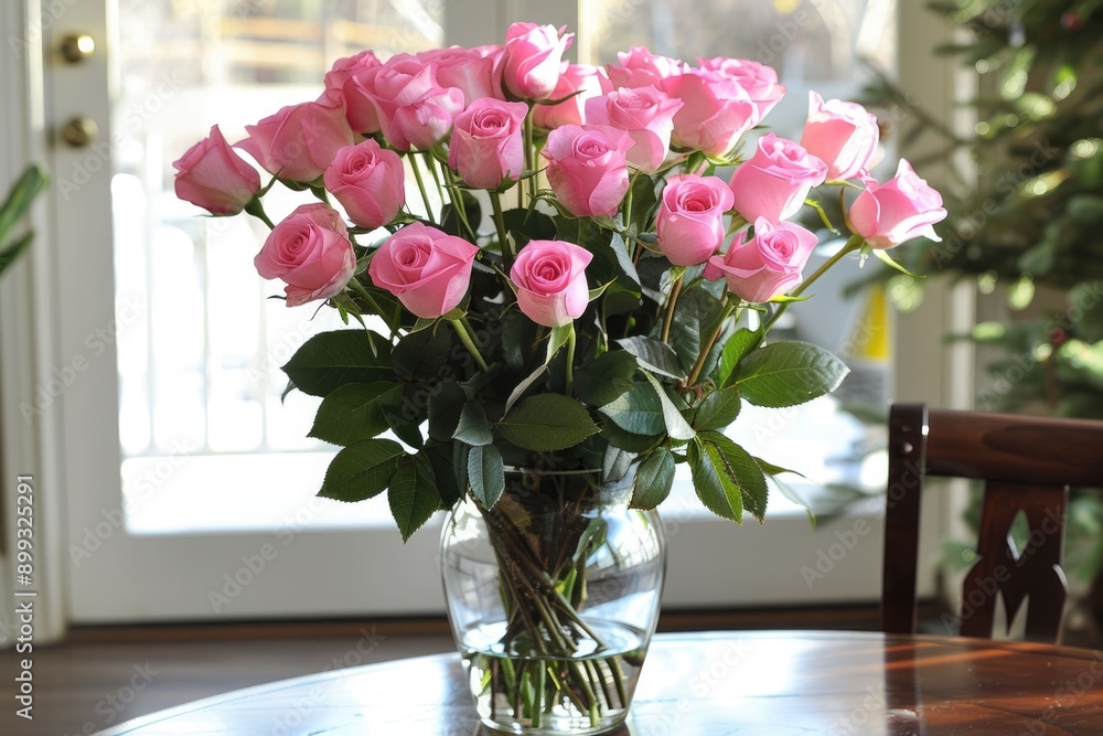 Close up of cute bouquet. Pink roses in vase Close up of cute bouquet. Pink roses in vase